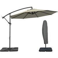 Outsunny 3(m) Garden Banana Parasol Cantilever Umbrella with Crank Handle, Cross Base, Weights and Cover for Outdoor, Hanging Sun Shade, Light Grey