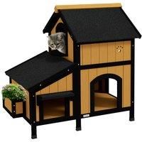 PawHut Wooden Cat House with Flower Pot, Windows, Multiple Entrances, Water-Resistant Roof for Outdoor - Yellow