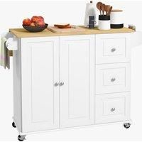 HOMCOM Kitchen Island with Drop Leaf, Rolling Kitchen Storage Trolley on Wheels with 3 Drawers, Spice Rack and Towel Rack, Storage Cart with Rubber Wood Top, White
