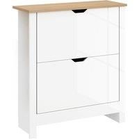 HOMCOM Slim Shoe Cabinet, Narrow Shoe Cupboard with 2 Flip Drawers, Adjustable Shelves for 12 Pairs of Shoes, High Gloss White