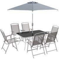 Outsunny Eight-Piece Garden Dining Set, with Chairs, Table and Parasol - Grey