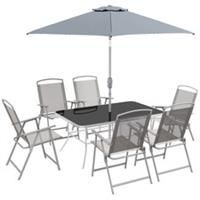 Outsunny 8 Pcs Garden Table and Chairs with Parasol Tempered Glass Top Grey