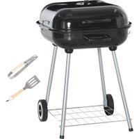 Portable BBQ Charcoal Grill with 2 Wheels, Grilling Utensils for Outdoor Garden