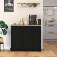 HOMCOM Modern Sideboard with Rubberwood Top, Buffet Cabinet with Storage Cabinets, Drawers and Adjustable Shelves for Dining Room, Kitchen, Black Wood-Effect
