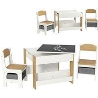 HOMCOM Three-Piece Kids Table and Chair Set with Blackboard, Storage, Bookshelves - Natural Wood