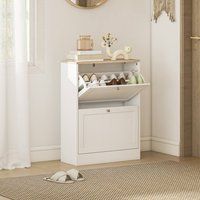 HOMCOM 2 Flip Drawer Narrow Shoe Cabinet with Adjustable Shelves, White, White