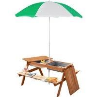 Outsunny Kids Picnic Table with Benches, Wooden Sand and Water Table, Adjustable Parasol, Storage Bins, for Kids 3-6 Years, Brown