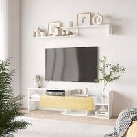 HOMCOM Modern TV Cabinet with Wall Shelf, TV Unit with Storage Shelf and Cabinet, for Wall-Mounted 65" TVs or Standing 40" TVs, White and Natural