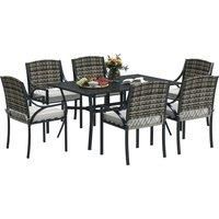 Outsunny Rattan Garden Furniture Set with Cushions, 6 Seater Rattan Dining Set with 6 Armchairs, 150 x 96cm Rectangular Table, Umbrella Hole, for Outdoor, Patio, Balcony, Terrace, Conservatory