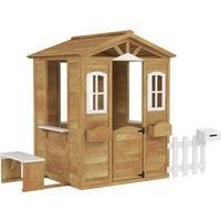 Outsunny Wooden Playhouse for Kids with Door, Windows, Mailbox, Flower Pot Holder, Serving Station, Bench for Children, Yellow