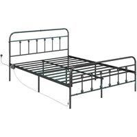 HOMCOM 4ft6 King Size Bed Frame with LED Lights and Charging Station, Metal Platform Bed Frame with Tall Headboard, Footboard and Steel Slat Support, No Box Spring Needed, Easy Assembly, Black