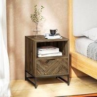 HOMCOM Bedside Table with Drawer and Shelf, Side End Table with Steel Legs for Living Room, Bedroom, Brown Wood Effect