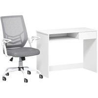 Vinsetto Home Office Chair and Computer Desk Set, Mesh Chair with with 90 Flip-up Armrest, Study Desk with Keyboard Tray and Drawer, White and Grey