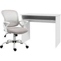Vinsetto Home Office Chair and Computer Desk Set, Mesh Chair with Swivel Wheels, Study Desk with Storage Shelf, High Gloss White and Grey