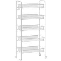 HOMCOM Five-Steel Mesh Basket Storage Trolley, with Wheels - White