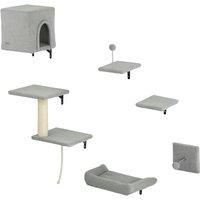 6-Piece Cat Wall Shelves Set, Cat Wall Furniture with Condo, Platforms, Grey