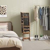 HOMCOM Freestanding Mirror Jewelry Cabinet with LED Lights, Jewellery Organiser with 3 Angle Adjustable, Full-Length Mirror with Storage for Earrings, Necklaces, Rings and Lipsticks, Rustic Brown