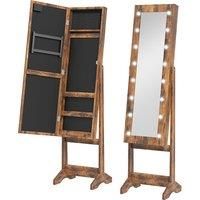 HOMCOM Free Standing Mirror Jewelry Cabinet with LED Lights, Jewellery Organiser with 3 Angle Adjustable, Full-Length Mirror with Storage for Earrings, Necklaces, Rings and Lipsticks, Rustic Brown
