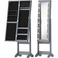 HOMCOM Free Standing Mirror Jewelry Cabinet with LED Lights, Jewellery Organiser with 3 Angle Adjustable, Full-Length Mirror with Storage for Earrings, Necklaces, Rings and Lipsticks, Grey