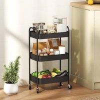 HOMCOM 3-tier Storage Trolley on Wheels, Metal Storage Cart, Rolling Ultility Cart with 3 Mesh Baskets for Living Room, Kitchen, Black