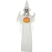 HOMCOM 6ft Outdoor Halloween Decoration Witch with Pumpkin, Standing Skeleton Witch Prop Life Size with Sound and Motion Activated, Light Up Eyes, Laughing Sound, Posable Arms, White