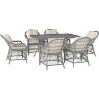 Outsunny Rattan Dining Set with Seat and Back Cushions, 6 Seater Garden Furniture Set with Aluminium Frame, 6 Chairs, WPC Top Rectangle Table, Conservatory Wicker Patio Furniture, Grey