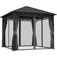 Outsunny 3 x 3(m) Hardtop Gazebo with Galvanised Steel Roof and Water Gutter, Waterproof Permanent Pavilion Garden Gazebo with Netting and Curtains for Patio, Deck