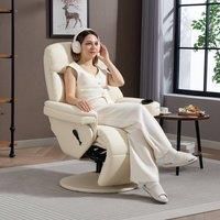 HOMCOM Manual Recliner Chair with Footrest, Upholstered Reclining Armchair with Adjustable Backrest and Cup Holder, PU Leather Swivel Chair for Living Room, Bedroom, Cream White