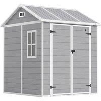 Outsunny 6 x 6ft Garden Shed with Floor, Window, Lockable Doors and Vents, Wood Effect Resin Tool Shed for Outdoor Patio, Grey