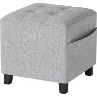 HOMCOM Square Footstool, Small Ottoman with Side Pocket, Linen Fabric Footrest Foot Stool with Rubber Wood Legs and Padded Seat for Living Room, Bedroom, Entryway, 35 x 35 x 35cm, Light Grey