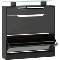 HOMCOM Shoe Storage Cabinet with Slide Out Drawer, 2 Flip Doors, Tempered Glass Top - Black