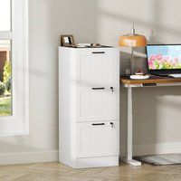 HOMCOM 3 Drawer File Cabinet with Lock, Vertical Filing Cabinet with Adjustable Hanging Bars for A4 and Letter Size File Folders, Printer Stand with Storage, White