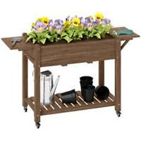 Outsunny Wooden Raised Planter with Lockable Wheels, Liner, Carbonised