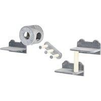 PawHut 4PCs Wall-Mounted Cat Tree, with Steps, Perch, Cat House - Grey