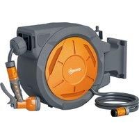 Outsunny Retractable Hose Reel Wall Mounted, 30+2m Garden Hose Pipe Reel with Lock, Auto Rewind, 7 in 1 Spray Nozzle, Includes Wall Fixings, 180 Swivel, Outdoor Watering, Orange