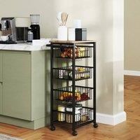 HOMCOM 4-Tier Kitchen Island on Wheels, Rolling Kitchen Storage Trolley with 4 Pull-Out Mesh Baskets, Mobile Utility Serving Cart, Oak