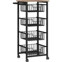 HOMCOM Four Basket Mobile Kitchen Island, with Brakes - Oak/Black