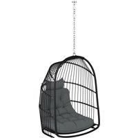 Outsunny Hanging Egg Chair Outdoor Indoor Rattan Swing Chair with Installation Kit, Foldable Garden Hanging Seat with Thickened Cushion, Headrest, Dark Grey