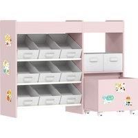 AIYAPLAY Kids Toy Storage Unit with 11 Bins, Cabinet, Top Shelves, 3 Stickers, for Nursery, Playroom, Pink