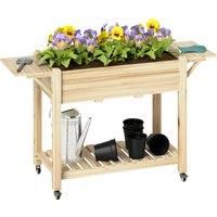 Outsunny Raised Garden Bed, Wooden Elevated Planter Box with Lockable Wheels, Side Tables and Bottom Shelf for Vegetables, Flowers, Natural