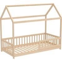 HOMCOM House-Shaped Kids Bed Frame with Guard Rails, Solid Pine Wood Single Bed Frame for Kids Boys and Girls, Natural