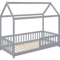HOMCOM House-Shaped Kids Bed Frame with Guard Rails, Solid Pine Wood Single Bed Frame for Kids Boys and Girls, Grey