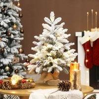 HOMCOM 60 cm Prelit Small Christmas Tree with 35 LED Lights, Snow Flocked Tabletop Mini Xmas Tree with Pine Cones, Berry Clusters and Linen Cover Base, Battery Operated, Green