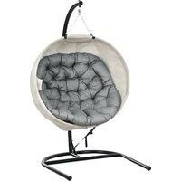Outsunny Hanging Egg Chair Outdoor Indoor Garden Swing Chair with Folding Basket, Stand, Thickened Cushion, Cup Holder for Patio, Balcony, Grey