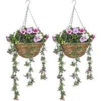 HOMCOM Set of 2 Decorative Artificial Plants, Faux Silk Azalea Flowers in Hanging Baskets, Fake Plants for Home Indoor Outdoor Decor, Pink and White