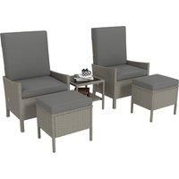 Outsunny 5 Piece Rattan Garden Furniture Set, Wicker Outdoor Furniture with 2 Armchairs, 2 Footstools and Glass Top Coffee Table with Shelf, Cushions for Patio Balcony, Dark Grey