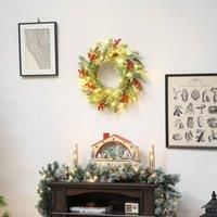 HOMCOM 60cm / 24inch Prelit Christmas Wreath with 30 Warm White LEDs, Timer, Battery Operated, Door Wreath with All Realistic Branches, Pine Cones and Berry Clusters for Home Decor, Green and White