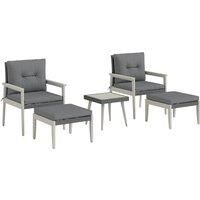 Outsunny 5 Pieces Rattan Garden Furniture Set, Patio Conversation Set with Cushions, Acacia Wood Top Coffee Table and Footstools, Outdoor Table and Chairs for Balcony, Terrace and Conservatory, Grey