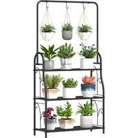 Outsunny 3 Tier Plant Stand with Hanging Rod and Hooks, Metal Plant Rack Shelf, Ladder Flower Pot for Indoor Outdoor Porch Balcony Living Room Bedroom, Black