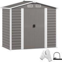 Outsunny 7 x 4ft Garden Shed, Easy to Assemble, Upgraded Galvanised Steel Frame with Foundation Kit, Double Doors with Lock, Outdoor Metal Shed with Vents and Gloves, Garden Storage Shed, Light Grey